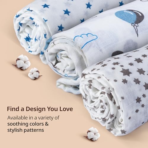 Image of LuvLap 100% Cotton Muslin Baby Swaddle Set, Baby Towel, Size-120cm x 100cm (47 inchx39 inch), Stars Printed on White, 0-18 Month+, Printed Mulmal Muslin Swaddle Wrap for New Born, Pack of 12