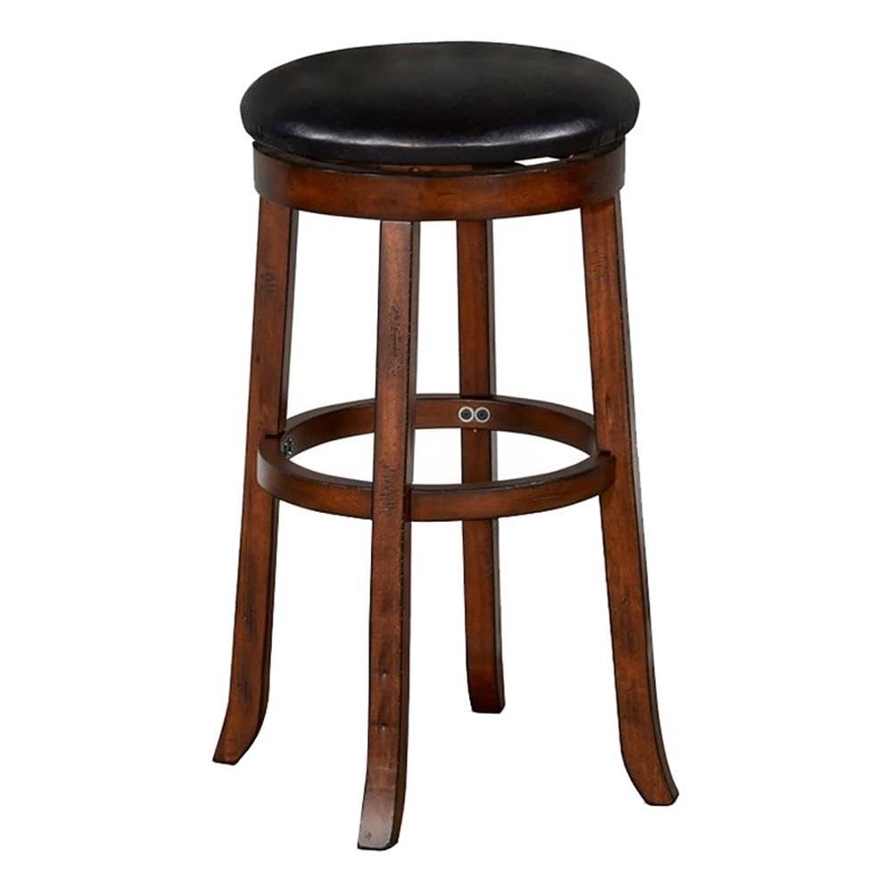 Pemberly Row 30" Mahogany Wood Backless Swivel Bar Height Stool, Upholstered Counter Height Barstool with Black Leather Seat and Footrest for Kitchen Dining Room, in Medium Brown