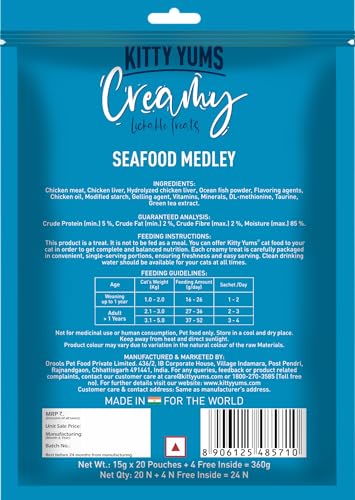 Image of Kitty YUMS Adult & Kitten Creamy Lickable Cat Treats 360g (15g x24 Pieces) | Seafood Medley Flavour | Rich in Protein | Taurine for Heart & Vision | Ideal for Training & Bonding | Promotes Hydration
