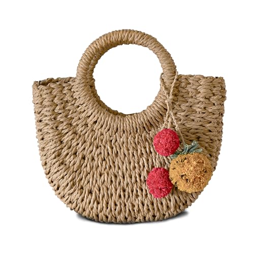 Womens Straw Beach Bag with Pom Pom Tassels Woven Crossbody Shoulder Bags Top Handle Satchel Handbag Purse for Summer