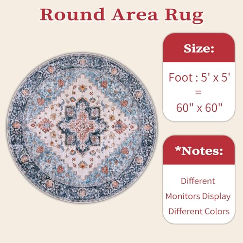SERISSA Boho Round Area Rug, 5ft Washable Non-Slip Circle Rug, Ultra Soft Oriental Vintage Blue Orange Low-Pile Circular Carpet for Bedroom Entryway Kids Room Office College Dorm Living Room