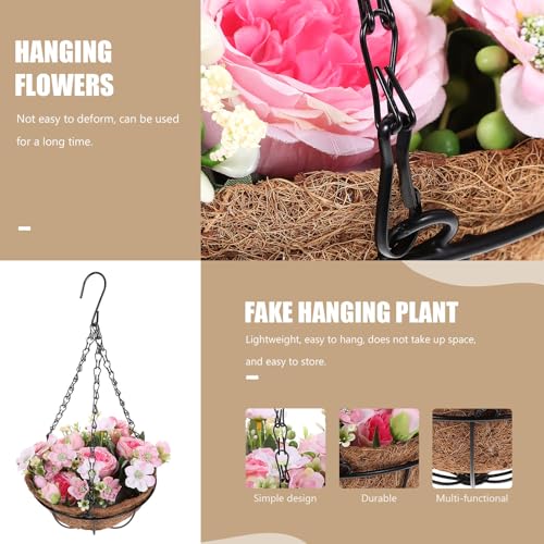 Flores artificiales de rosa y peonía en cesta de hierro resistente 7