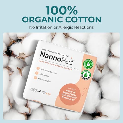Image of Organic Pads for Women - 100% Organic Cotton Overnight Pads with Wings - High Absorbency (180mL), Comfortable & Ultra-Thin - No Fragrances, Odor-Control, Breathable - Super (1 Pack, 20 Count)