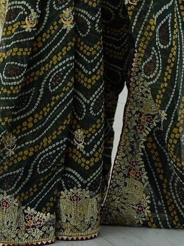 Image of Satrani Women's Georgette Bandhani Printed Embroidered gota lace Saree with Unstitched Blouse Piece