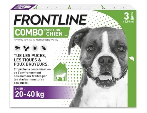 FRONTLINE Combo Chien - Anti Puces, Tiques, Poux broyeurs - Protège L'Habitat* - Élimine Puces Pendant 8 Semaines/Tiques Pendant 4 Semaines - Pour Chien 20...