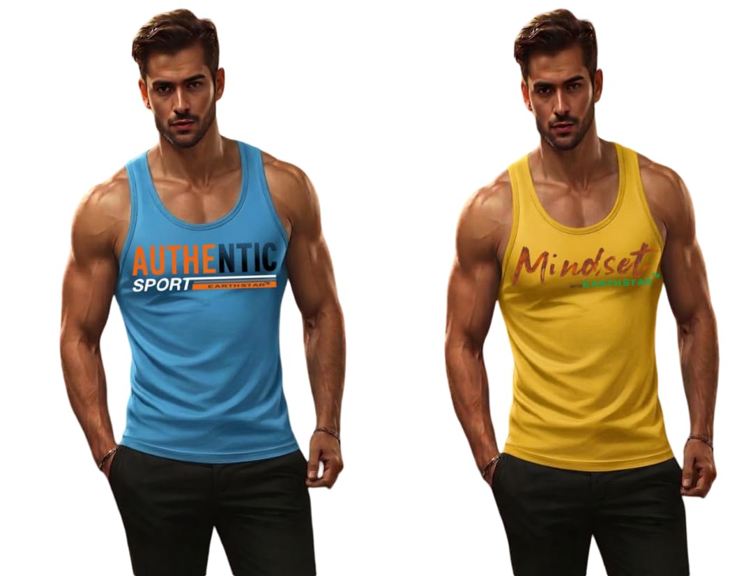 Men's Cotton Tank Top | Vest for Man Graphic Logo Print Design for Workout | Sports Sleeveless | Sando | Round Neck | Men Sleeveless Gym Vest-(Pack of 2)-image-29