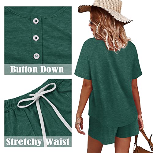 Image of WIHOLL Two Piece Outfits for Women Lounge Sets Button Down Top and Shorts Set Sweatsuits with Pockets