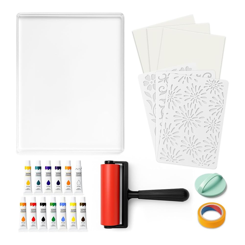 Gel-Platten-Kit Set 8x10 für Kartenherstellung, Scrapbooking mit Gel-Druck, Gummiwalze, Aquarellfarben & Schablonen