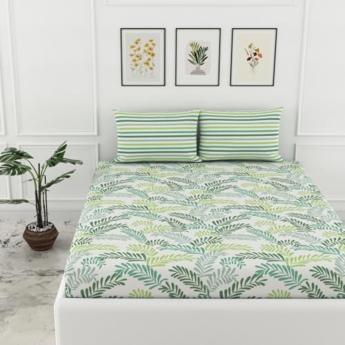 Image of LORETO - A QUALITY LINEN BRAND 144 TC 100% Pure Cotton Double /Queen Fitted Bedsheet with 2 Pillow Covers for 72 x 60 Inch Mattress, All-Around Elastic, 8 Inch Deep Pocket, Green Leafy Haven