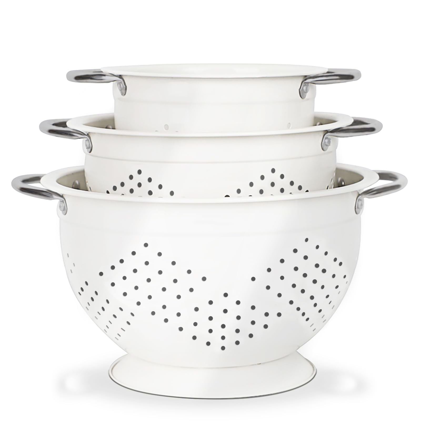 Hillbond Set di 3 colini da 1,5, 3, 5 QT in metallo verniciato a polvere con manici rivettati in acciaio inox e base stabile, per scolare pasta, frutta, verdura, bianco