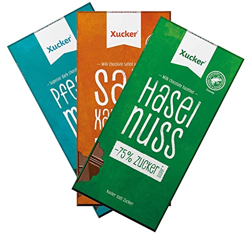 Xucker Schokoladen-Tafeln mit Xylit 3er Mix (3 x 80g) | Haselnuss, Salz & Karamell und Pfefferminze