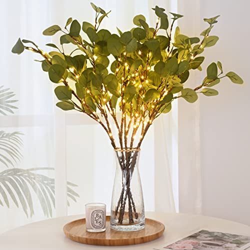 Bleum Cade 6Pcs 27" Tall Artificial Eucalyptus Stems With Lights, Faux Eucalyptus Greenery Stems With Leaves, Fake Silver Dollar Eucalyptus Plant For Vase Flower Arrangement Room Decor #TOP4