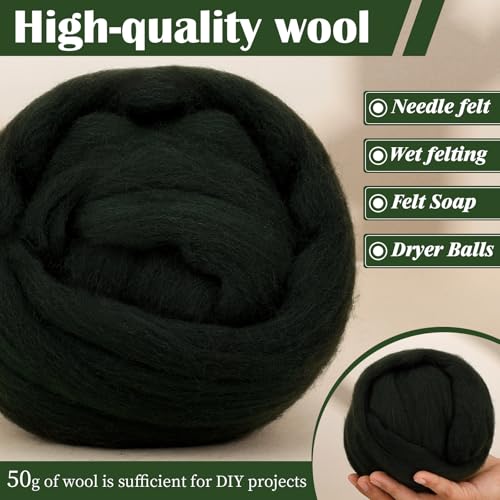 Image of Mayboos 1.76oz Dark Green Natural Wool Roving, Needle Felting Wool | Wool for Needle Felting for Wet /Dry Felting Handcrafts and Spinning