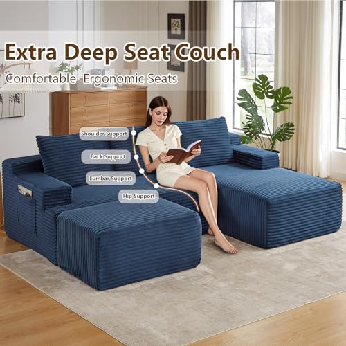 Image of 96 inch U-Shape Cloud Couch, Modern Modular Sectional L-Shape Sofa with Ottoman, Corduroy Upholstered Couches Deep Seat Sleeper Chaise Longue for Living Room, No Assembly Required(Blue, Right Facing)