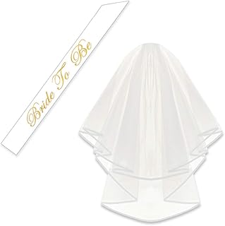 White Double Ribbon Edge Center Cascade Bridal Wedding Veil with Comb and Bride To Be Satin Sash Bachelorette Party Decorations Supplies