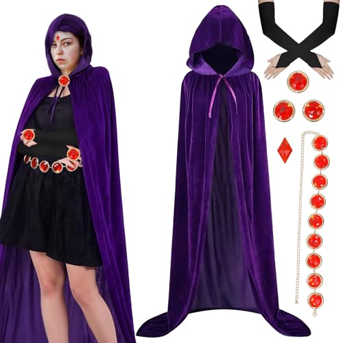 AENEY Costume de cosplay Aden Titans Raven - 7 pièces - Cape anime Raven violet - Avec capuche et ceinture en pierres précieuses rouges - Gants longs - Pour femmes adultes - Taille S : 130 cm