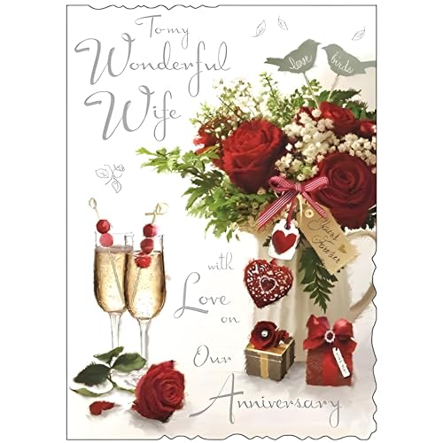 Large Wife Anniversary Card - (JJ-V122) - Love Birds - Velvet Range - Embossed Foil and Flitter Finish