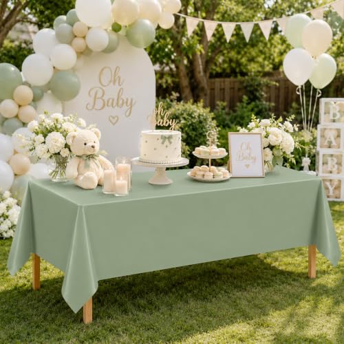 Image of 3 Pack Sage Green Plastic Tablecloths, 54 x 108 Inch Disposable Covers | Ideal for Weddings, Baby Showers, Bridal Showers and Birthdays, Helping Protect Tabletops from Spills and Simplify Cleanup
