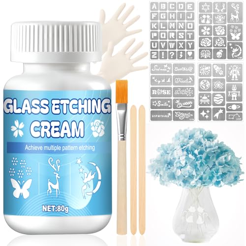 ALLONY Etching Cream Glass Etching Cream Glass Etching Kit Frosted Glass Effet Etching Paste Creates Beautiful Designs Etching Paste for DIY Artworks Glass Art Window Mirrors 80g