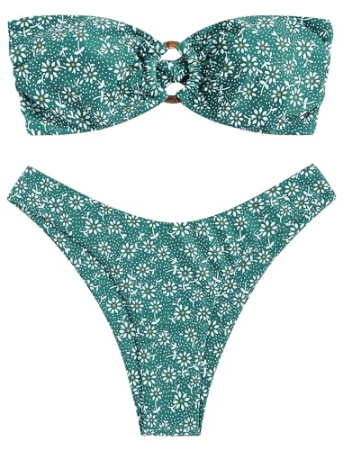 Image of ZAFUL Women's Bandeau Bikini O Ring Strapless Tie Back High Cut Two Piece Swimsuit Bathing Suits