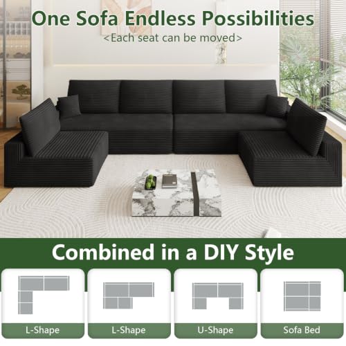 Image of Oversized Modular Sectional Sofa Couch, Large 6 Seater Corner Sofa Modern U Shaped Sectional Couch Cloud Couches for Living Room, Office, Spacious Space, Corduroy, No Assembly Required, Black