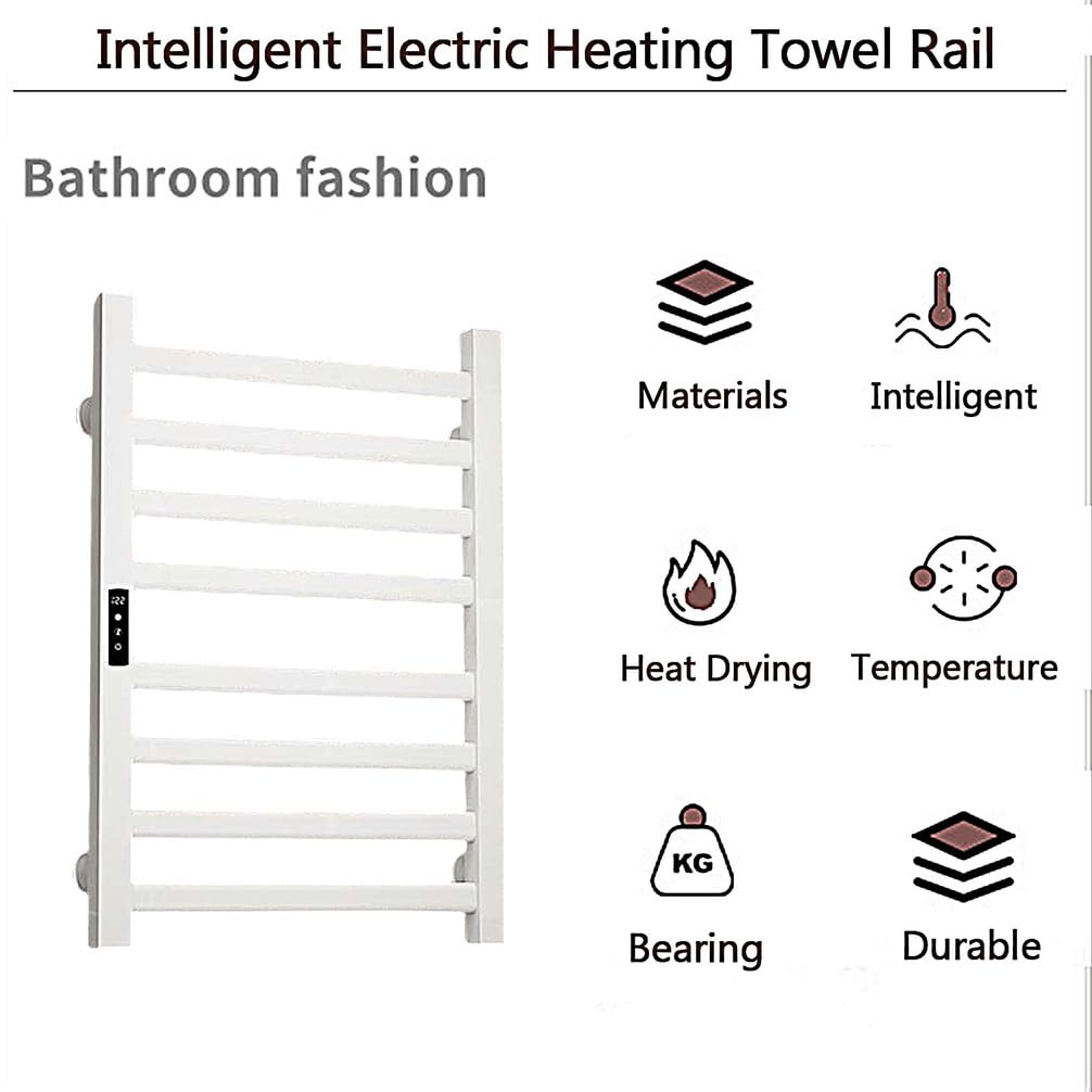 Nero Termoarredo Bagno,Bianco Montaggio A Parete Scaldasalviette Elettrico,8 Tondini Termoarredo Elettrico,Cronotermostato con Display Digitale,Bianca,No Punching