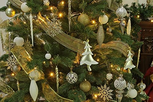 Sea Team Assorted Shatterproof Christmas Ball Ornaments Set Seasonal Decorative Hanging Ornament Set with Reusable Hand-held Gift Package for Holiday Xmas Tree Decorations, Gold & White (91PCS)