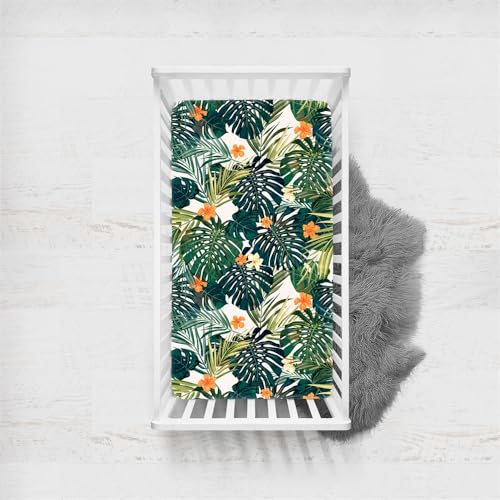 Odot Sábana Bajera Bebé Cuna y Minicuna Sábana Bajera Ajustable de Microfibra Estampado Floral Planta Tropical, Bebé Ropa de Cama para Cama Ovalada y Colchón Rectangula (80x160cm,Monstera)