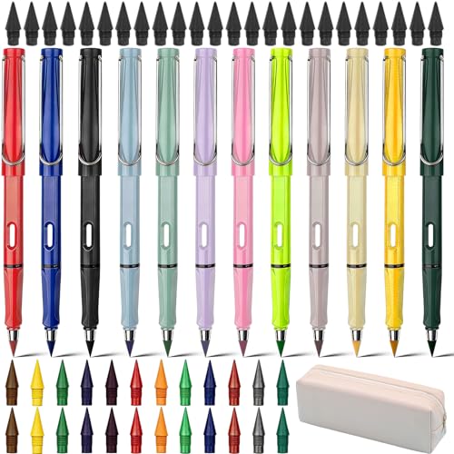 BITEFU 12 Stück Ewiger Bleistift Mit Radiergummi Mit 1 Pencil Case und 48 Ewiger Bleistift Wechselkopfm für Schreiben Malen Infinity Magic Pencil Ewigkeitsstift Farbig