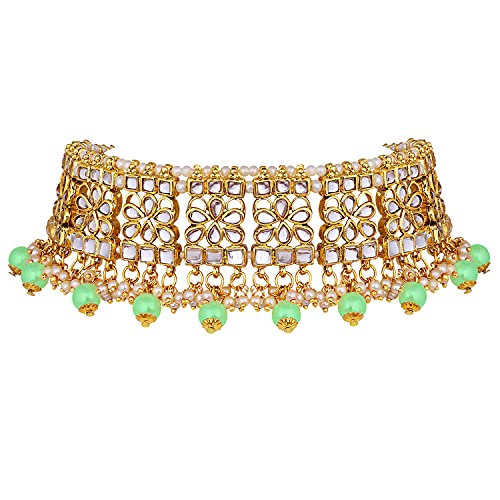 Image of Aheli Elegant Indian Faux Kundan Studded Choker Necklace with Maang Tikka Set Ethnic Wedding Wear Bharatanatyam jewellery set Gift for Women