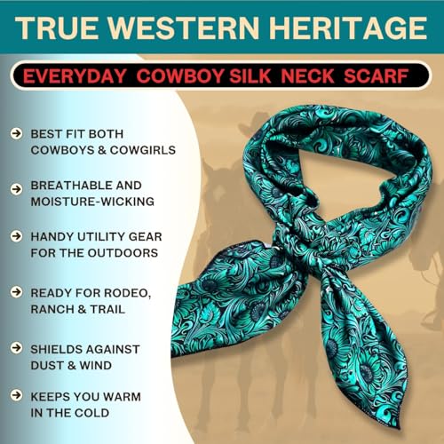 Wild Rag Silk Scarf 36'', Western Cowboy Bandana Square Silky Scarves,Floral Tooled Leather Wild Rags2
