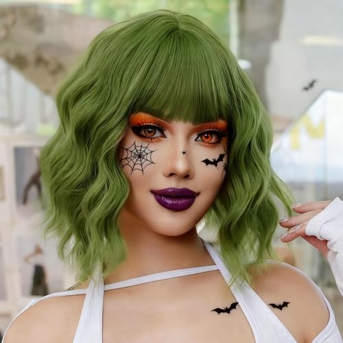 Green Wigs for Black Women Soft Short Bob Style Wigs with Bangs for Women Synthetic Shoulder Length Women's Curly Wigs for Cosplay Halloween Costumes Daily (Green)