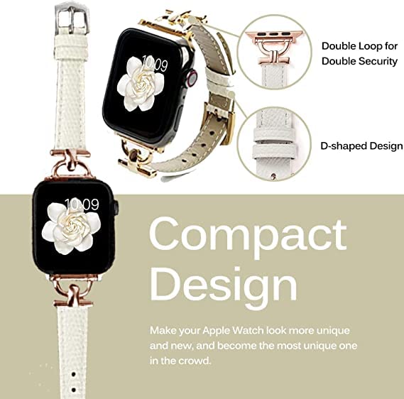Miimall for Apple Watch 49mm/45mm/44mm/42mm Leather Strap, Slim Adjustable Band with Metal D-Shaped Strap Connector - Image 3