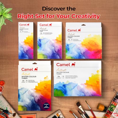 Image of Camel Artist Watercolor Tube - 24 Shades (9ML Each) | Vibrant Pigments for Rich Colors | Quick-Drying & Easy Blending | Perfect for Portraits, Landscapes & Florals | Multi Surface Use