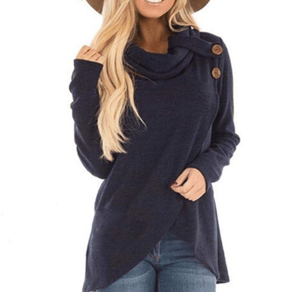LazzboyWomen Blouse Long Sleeve Turtleneck Solid Irregular Tunic Sweatshirt Pullover Tops(XL(14),Navy)