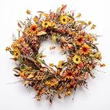 JINGHONG 24 Inch Fall Wreaths for Front Door, Artificial Autumn Wreath with Sunflowers, Berries and Leaves...