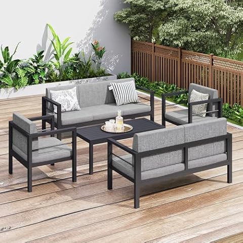 Raysfung Aluminum Patio Furniture Set, 5 Pieces Modern Conversation Set with Upgrade Cushion and Coffee Table, Outdoor Set Sectional Sofa for Garden Cover
