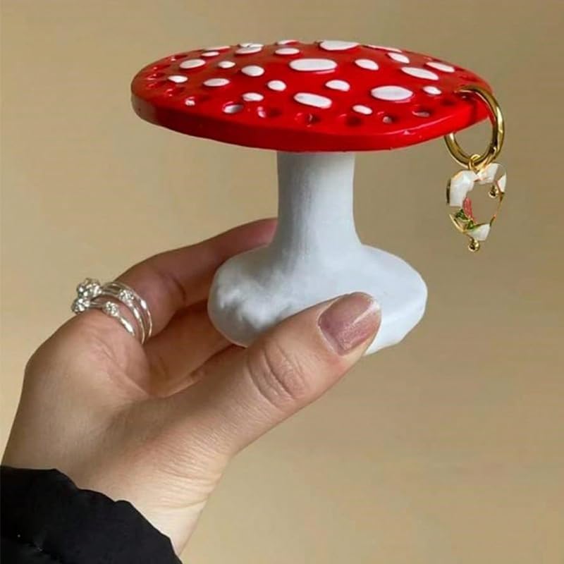 Red Spotted Amanita Mushroom Earring Holder Stand, Resin Multi-Hole Jewelry Organizer Rack, Dangle Earring Hanging Display, Cottagecore Forest Decor for Vanity Bedroom Dresser