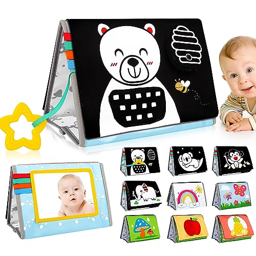 Image of Aboosam Tummy Time Mirror Baby Toys 0-6 Months - Infant Toys Black and White High Contrast Baby Crinkle Toys 0-3 Months with Teether - Montessori Newborn Brain Development Sensory Toys for Babies