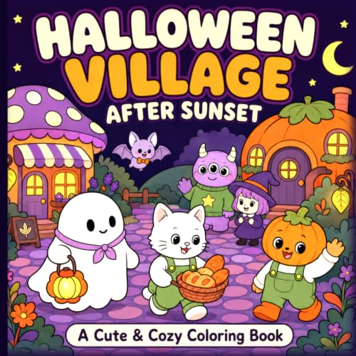 HALLOWEEN VILLAGE AFTER SUNSET: Cute and Cozy Nighttime Scenes with Friendly Ghosts Coloring Book for Kids Ages 4–8 image 2