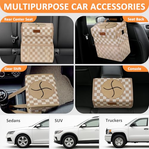 Image of Vankor Car Trash Can Bin with Lid Hanging for Back Seat, Car Accessories for Women Men Leak Proof Automotive Garbage Cans Leakproof Vehicle Trash Can for Truck SUV,Khaki Checkered