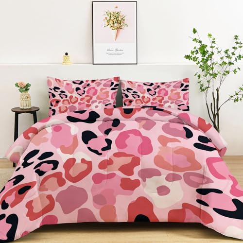 Edredón Nórdico Reversible Cama 150 - Juego de cama 4 Estaciones Estampados Rosa, Edredón sin Funda Minimalista Arte Animal Estampado De Leopardo Suave y Confortable de Microfibra 220 x 240 cm