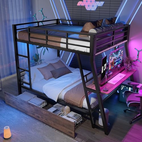 Dolamaní Letto a soppalco 140x200 cm in metallo con scrivania e cassetti, letto a castello 2 persone per adulti/bambini, scala sicura, senza materasso (nero)