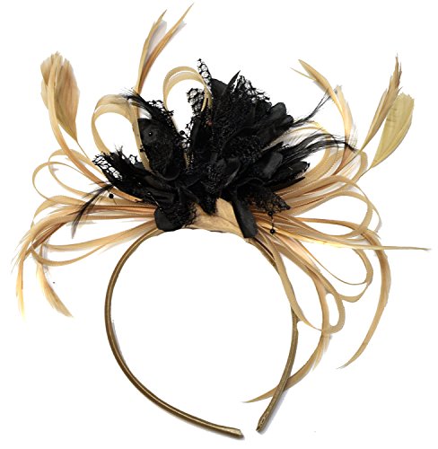 Champagne Gold Beige Camel and Black Fascinator on Headband Alice Band UK Wedding Ascot Races Derby, Camel Beige Brown and Black