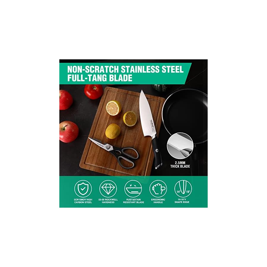 HAUSHOF Kitchen Knife Set with Block, 15 Pieces Stainless Steel Knife Sets with Sharpener Rod, Ultra Sharp, Ergonomic Handle, Resists Rusting, Gifts Knife Set for Dad, Mom, Husband and Wife