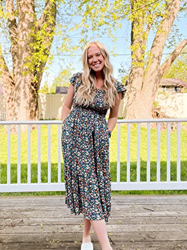 DOROSE Women's Summer Floral Dress Square Neck Smocked Boho Midi Dress Ruffle Tie Back Flowy Beach Long Tiered Dress4