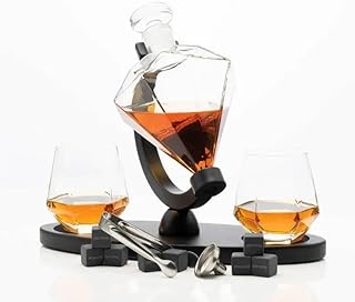 Don Vassie Diamond Shaped Whiskey Decanter Set with 2 Glasses and a Luxury Wooden Stand
