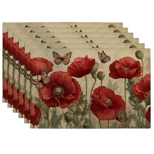 Lot de 6 sets de table pour table de salle à manger, motif coquelicots rouges, antidérapants, lavables, pour intérieur et extérieur