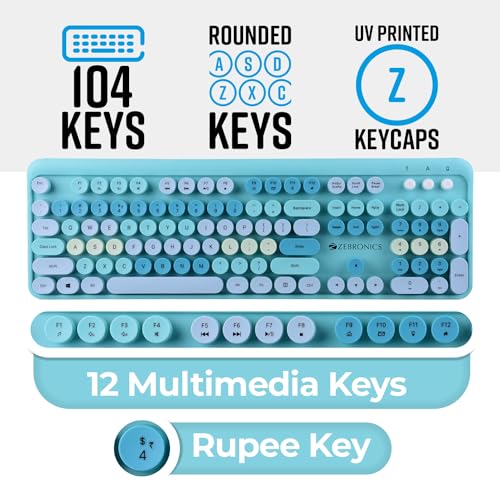 Image of ZEBRONICS Companion 301 2.4GHz Wireless Keyboard & Mouse Combo with UV Printed, Retro Style Keys, 104 + 12 Integrated Multimedia Keys, 1600 DPI, High Precision, Zeb-Companion 301 (Aqua Green)