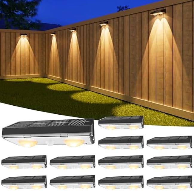 VOLISUN Solar Fence Lights, 12 Pack Solar Powered Fence Lights Outdoor with Warm White LED Spot Lens, IP65 Waterproof Fence Solar Lights Outdoor for Patio, Backyard, Railing, Deck¨×Black¨Ø